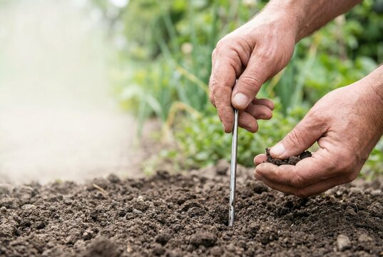 Agronomist or farmer analyzing soil quality, testing the texture and moisture with a metal probe.