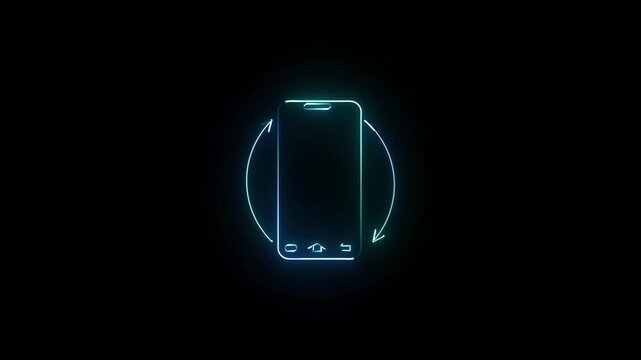 Neon smartphone outline with circular arrows on black background technology concept mobile.