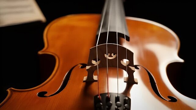Close-up of a wooden cello, strings taut, with sheet music in the background