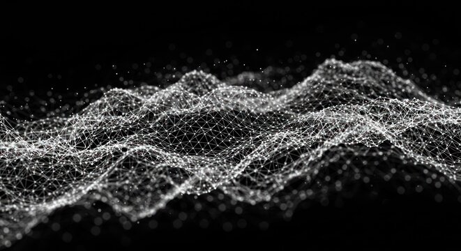 A digital representation of a mountain range using white dots on a black background