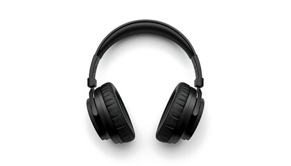 Fototapeta premium A pair of sleek black over-ear headphones, designed for immersive audio, lies neatly positioned on a clean white background.