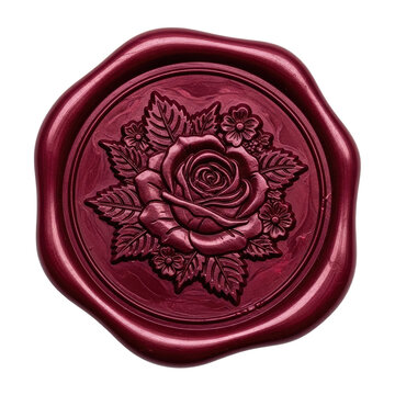 Embossed deep red wax seal featuring a detailed rose and floral motif isolated on a transparent background