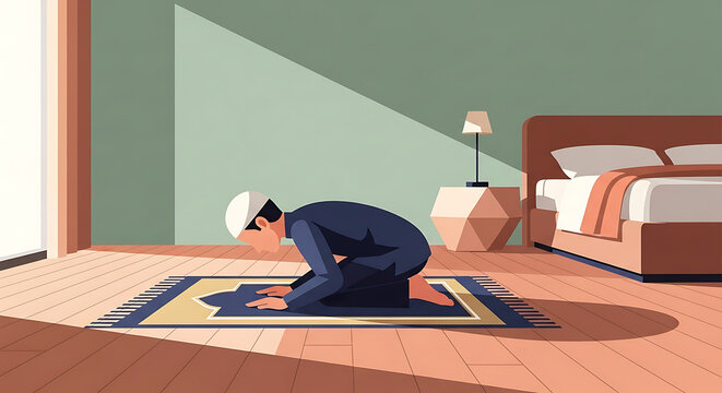 a devoted muslim man performing daily prayer on a prayer mat in a serene bedroom with morning sunlight depicting spiritual devotion.