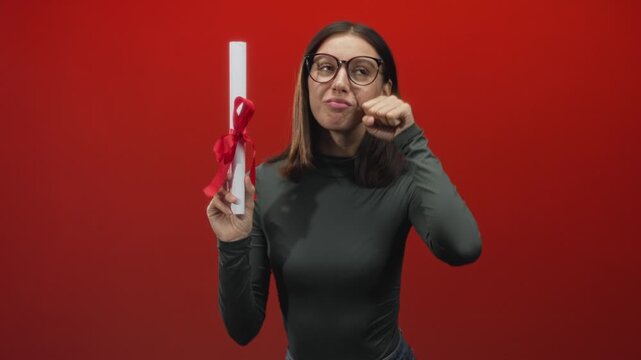 Young woman wearing glasses holds a rolled diploma scroll tied with a red ribbon and rubs her eye while posing against a red studio backdrop; pride success.