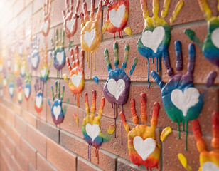 Urban mural with LGBT pride rainbow handprints and hearts, diversity, inclusion and respect message