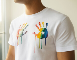 White t-shirt with LGBT pride rainbow handprints, symbol of diversity and inclusion