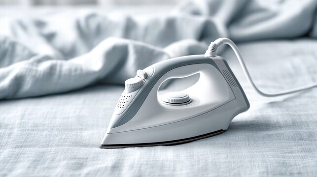 Ironing a light blue linen sheet