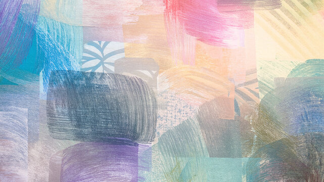 Abstract layered brush collage background with soft brush strokes, mixed-media overlaps, hand-drawn cultural motifs, intentional fades and low saturation tones. Textured artistic design, modern collag