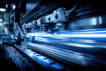 Obraz premium Close-up of a high-speed industrial machine with blue light streaks indicating motion