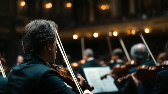 Symphony orchestra in mid-performance captured in majestic concert hall, classical music concert scene, orchestral performance moment, musical ensemble playing, faceless musicians