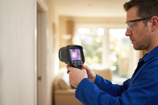 Inspector in safety glasses using a thermal imaging camera to detect heat loss in a home.