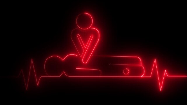 neon heartbeat icon animation. CPR chest compressions showing medical resuscitation technique for training, safety, and emergency 4k video compressions heartbeat signal icon