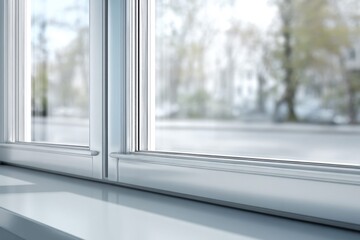 Fototapeta premium Modern white window frame with a blurred view of trees and buildings outside