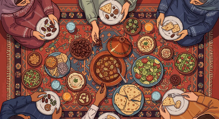 A traditional cultural feast with people gathered around a vibrant table laden with diverse dishes, seen from a direct overhead viewpoint