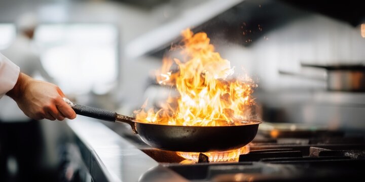 Chef flambeing food in a pan with intense flames in a professional kitchen setting