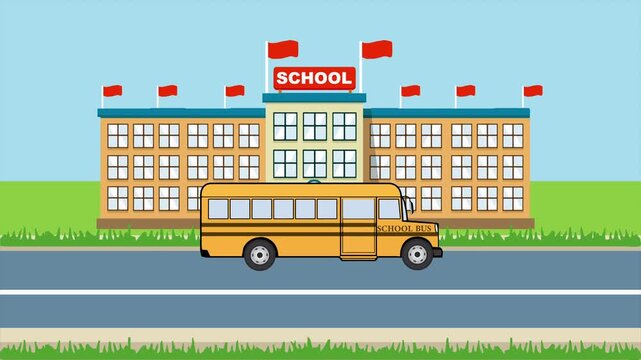 Seamless loop animated school bus on the road with school building background. Transportation, vehicle vector Looping animation