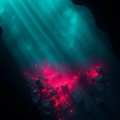 Azure void above, emerald and ruby gleam below, a stark contrast of light and dark,  top view, surfboards