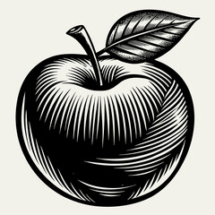 Stylized illustration of a single red apple, rendered in a scratchboard or woodcut effect, symbolizing freshness and healthy living.