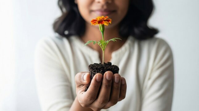 Woman holding a small seedling with soil in cupped hands. Young plant with orange marigold flower. Growth, ecology and sustainability concept