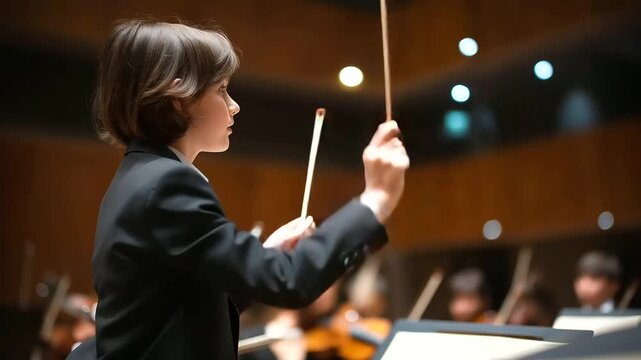 Conductor leading young orchestra in rehearsal, imparting art of ensemble music, music education scene, youth orchestra practice, teaching moment display, faceless conductor