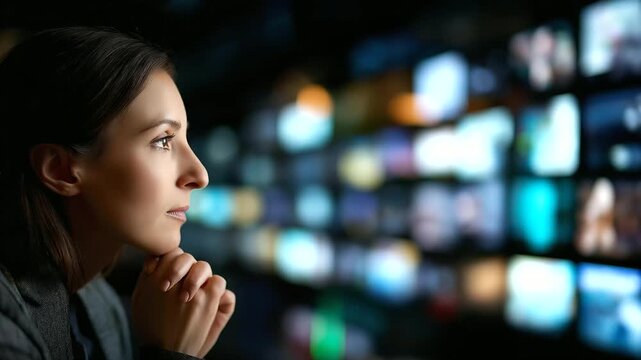 Curious woman viewing array of screens displaying diverse multimedia, reflecting vastness of digital content, media consumption scene, multi-screen viewing, faceless person