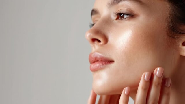 Close up side view profile of beautiful young woman with perfect glowing glass skin touching her neck. Mockup for skincare advertisement with copy space on grey background.