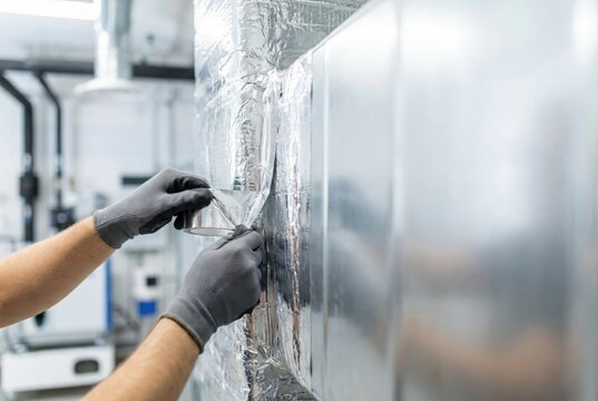 Technician in gloves installing foil-faced insulation on a large metal air duct.