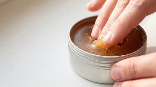 Person taking a small amount of hair styling wax or pomade from a tin container.
