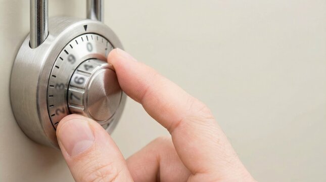 Hand turning the dial of a metal combination lock to find the correct code.