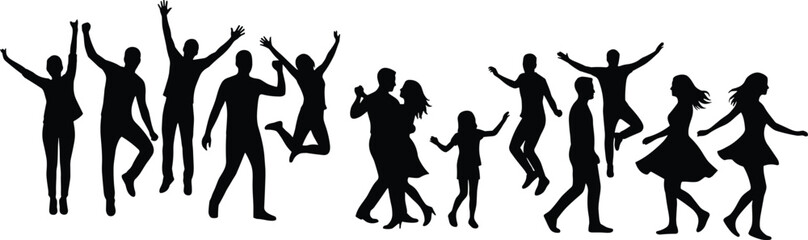 Happy people silhouettes collection, men women and children dancing jumping celebrating isolated black vector illustration on white background