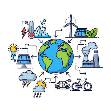 Renewable energy sources surround the Earth with eco-friendly transport