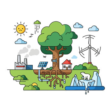 Sustainable community surrounded by lush greenery and renewable energy sources nearby