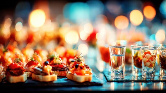 Elegant appetizer bites and shot glasses of drinks arranged for a sophisticated party event