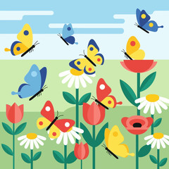 Butterflies flying around flowers in a green garden from an aerial view