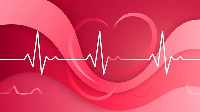 Close up of heartbeat line moving over abstract red background or Close up of electrocardiogram line moving over red backdrop
