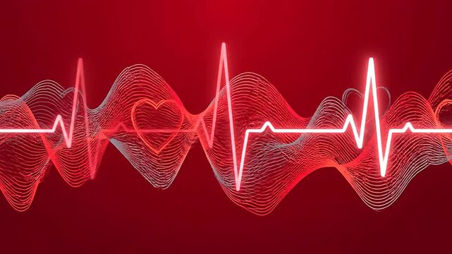 Close up of heartbeat line pulsating on red background or Close up of cardiac wave moving on red background