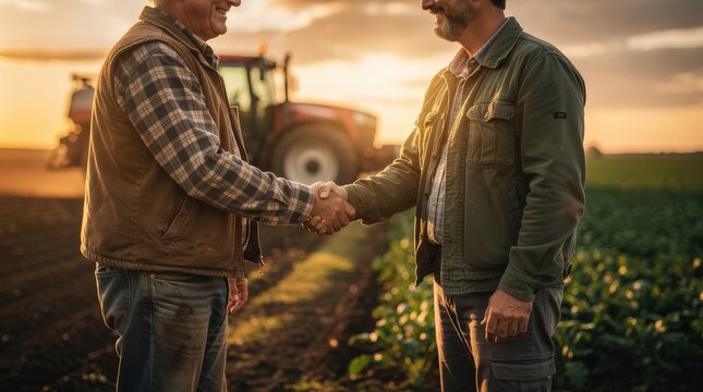 Two men shake hands in a field at sunset, with a tractor in the background symbolizing farming and cooperation.