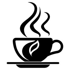 Steaming coffee cup icon, simple black and white illustration of a hot beverage with steam rising, perfect for cafe or breakfast themes.