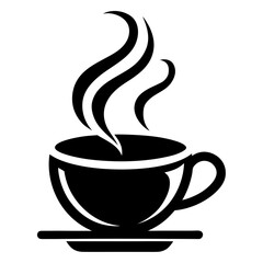 Black and white icon of a hot coffee cup with rising steam, representing a warm beverage for cafes and morning routines.