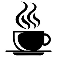 Warm Steaming Coffee Cup and Saucer with Rising Aroma - Simple Black and White Vector Icon