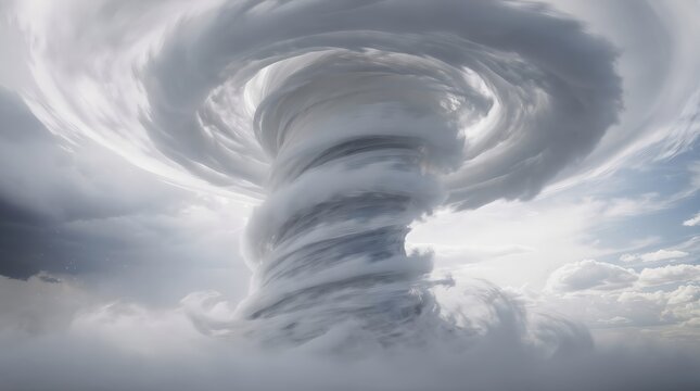 A dramatic, swirling tornado forms a spiraling cloud funnel extending from the sky to the ground amidst a partly cloudy atmosphere.