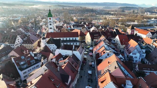 Aerial View of Wangen im Allg&auml;u Main Street and Market Square with Rathaus Tower
