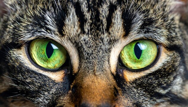 Intense macro close-up of a tabby cat's face, focusing on its bright green eyes and striking striped fur pattern