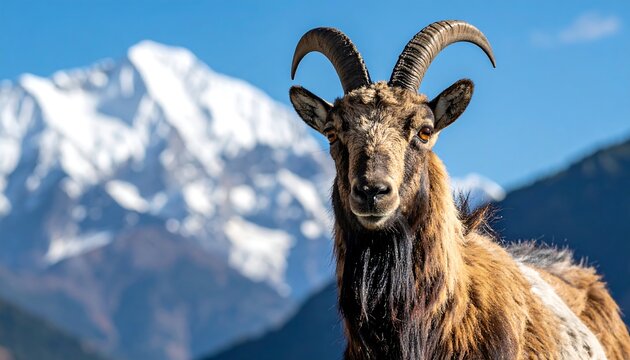 Himalayan Tahr portrait against a snowy mountain range on a clear sunny day