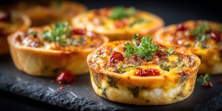 Delicious mini quiches with sun-dried tomatoes and fresh parsley, beautifully arranged
