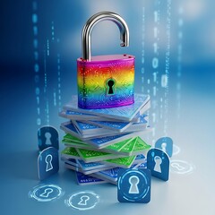 Unlocked digital security padlock rests atop a stack of credit cards against a background of falling binary code