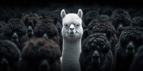 Fototapeta premium A lone white alpaca stands out from a dark herd, symbolizing individuality and uniqueness