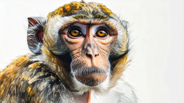 Watercolor portrait of a primate.  Detailed study of a monkey's face and fur, on a white background