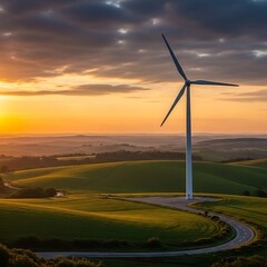 Obraz premium Large wind turbine standing on green rolling hills at sunset representing clean renewable energy and sustainability.