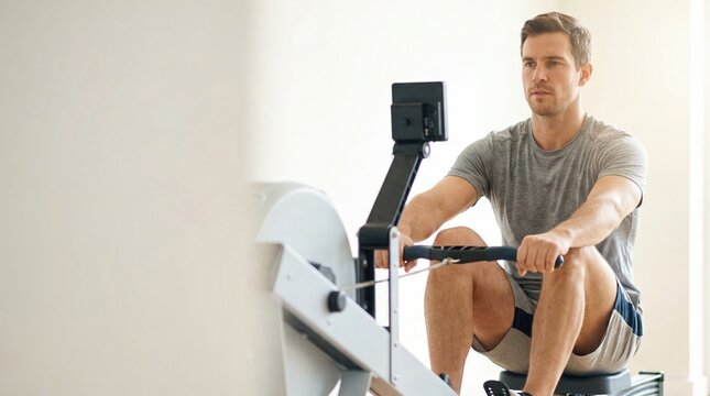 Focused man doing a cardiovascular workout on a rowing machine at home or in a gym.